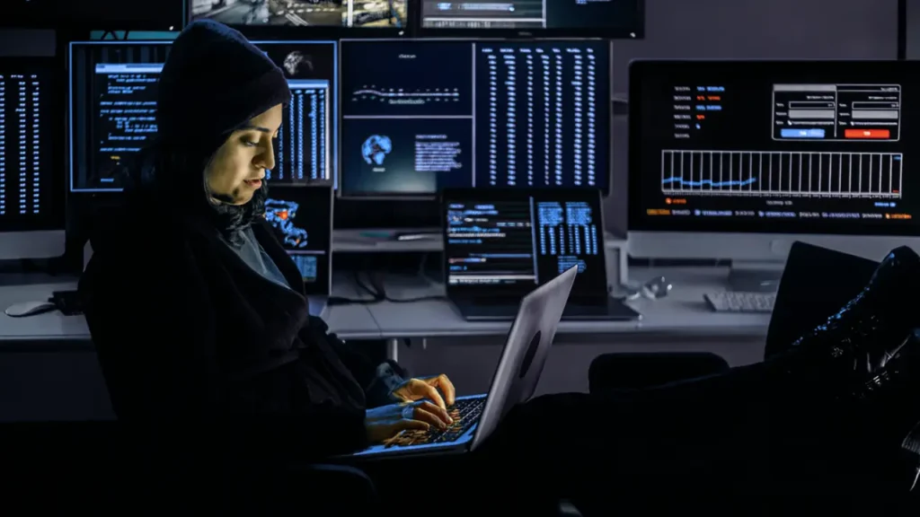 Security analyst reviewing threat data on a laptop during an Application Security Architecture Review in a cyber operations center with multiple monitoring screens
