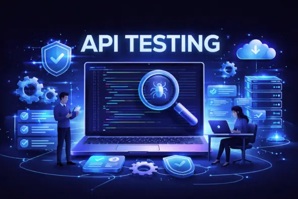 Illustration of API testing service showing developers analyzing code with security and bug detection visuals on a digital interface