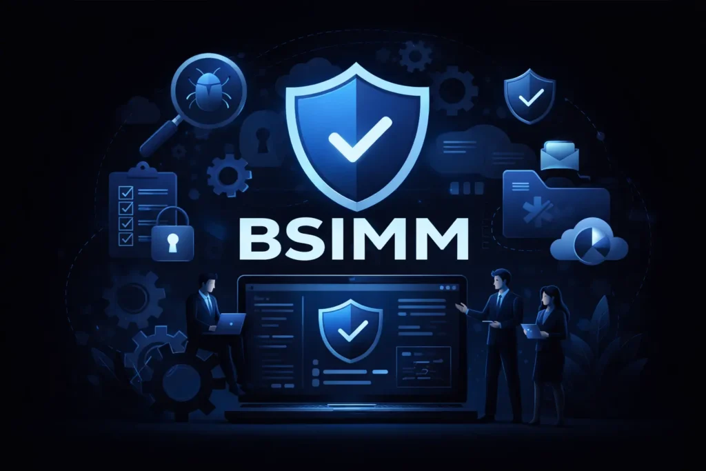 Illustration of Building Security In Maturity Model (BSIMM) Assessment software security framework with shield icons, secure coding symbols, and professionals analyzing data