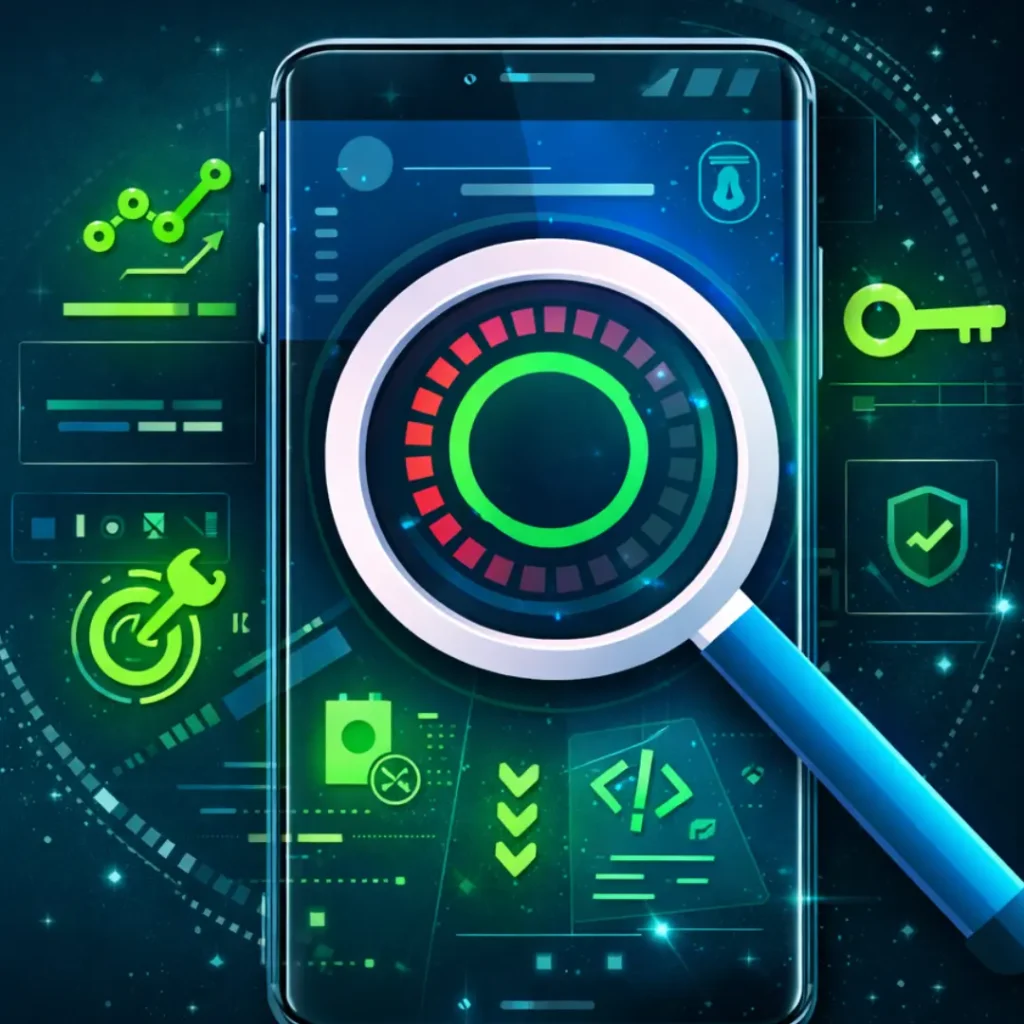 Illustration of Mobile App Penetration Testing showing a smartphone with a magnifying glass analyzing app security, vulnerabilities, and encryption features.