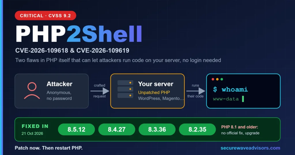 PHP2Shell patch guide: CVE-2026-109618 and CVE-2026-109619 let an attacker run code on unpatched PHP servers — fixed in PHP 8.5.12, 8.4.27, 8.3.36 and 8.2.35